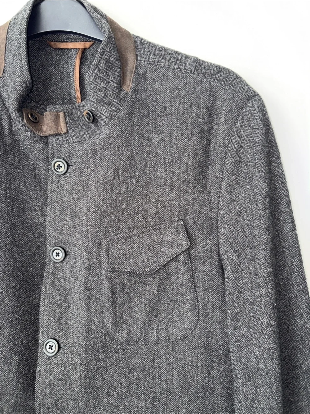 Massimo Dutti Gray Wool-Blend Field Jacket with Suede Trim